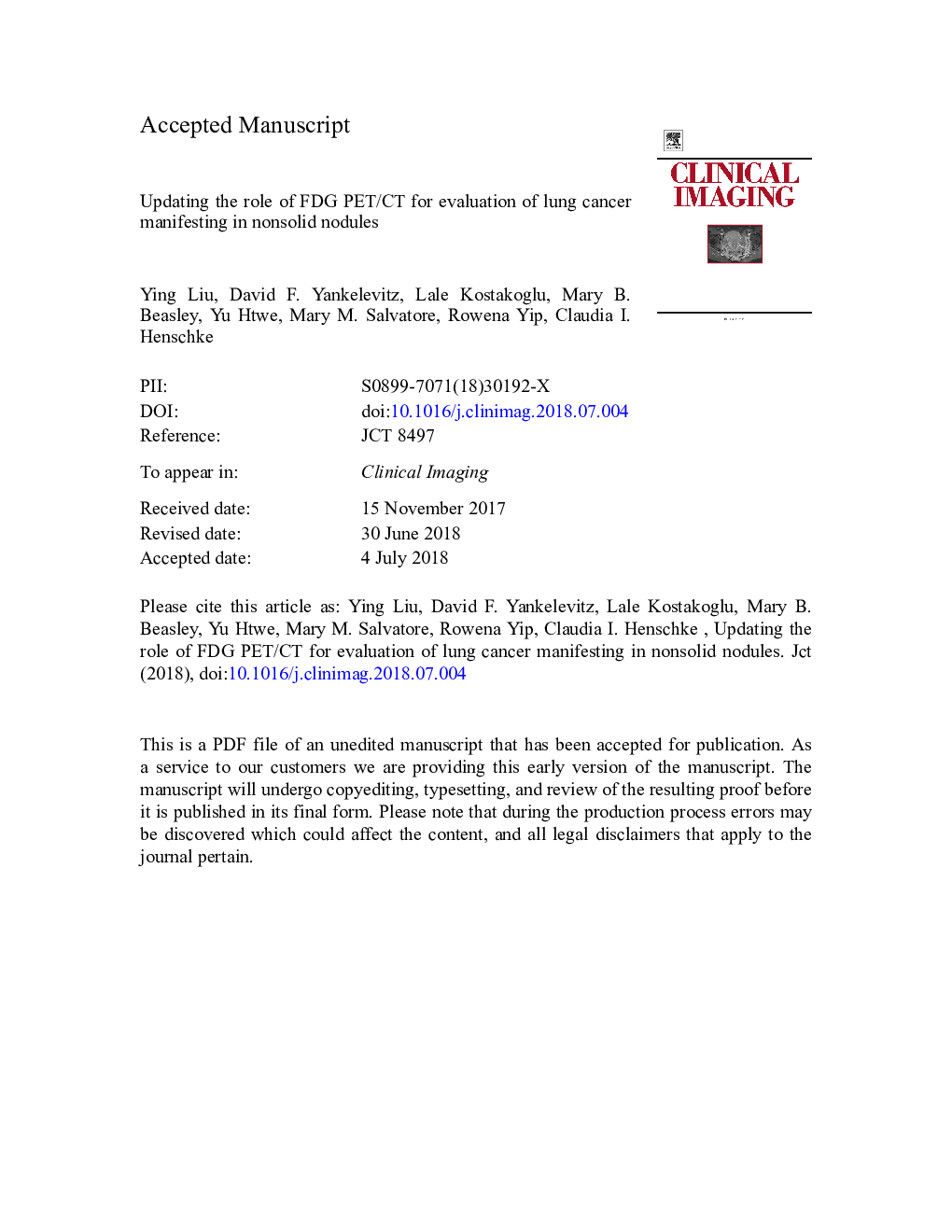 Updating the role of FDG PET/CT for evaluation of lung cancer manifesting in nonsolid nodules