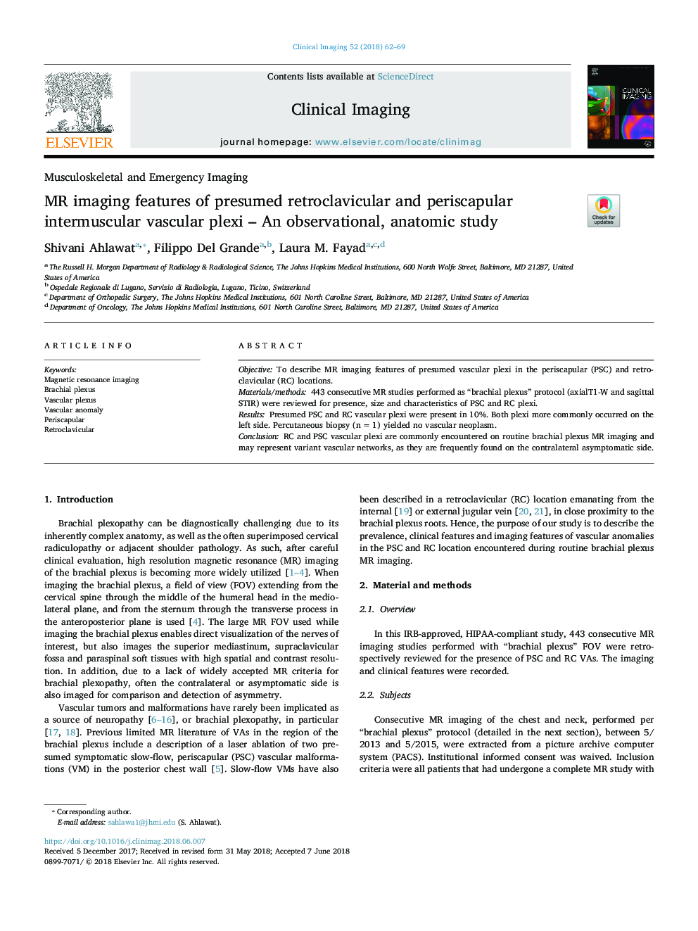 MR imaging features of presumed retroclavicular and periscapular intermuscular vascular plexi - An observational, anatomic study