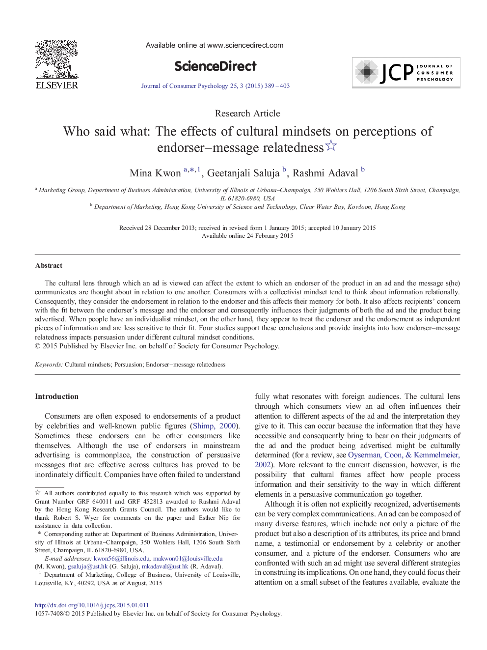 Who said what: The effects of cultural mindsets on perceptions of endorser–message relatedness 