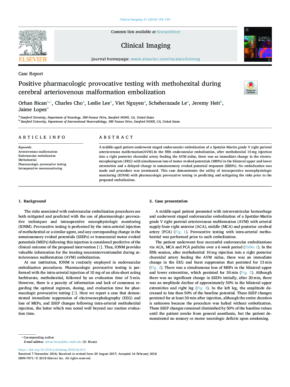 Positive pharmacologic provocative testing with methohexital during cerebral arteriovenous malformation embolization