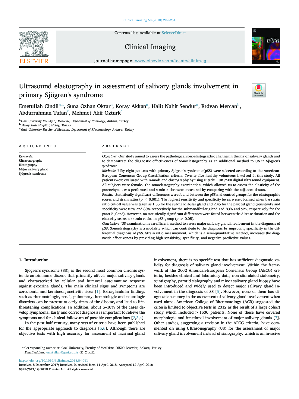 Ultrasound elastography in assessment of salivary glands involvement in primary Sjögren's syndrome