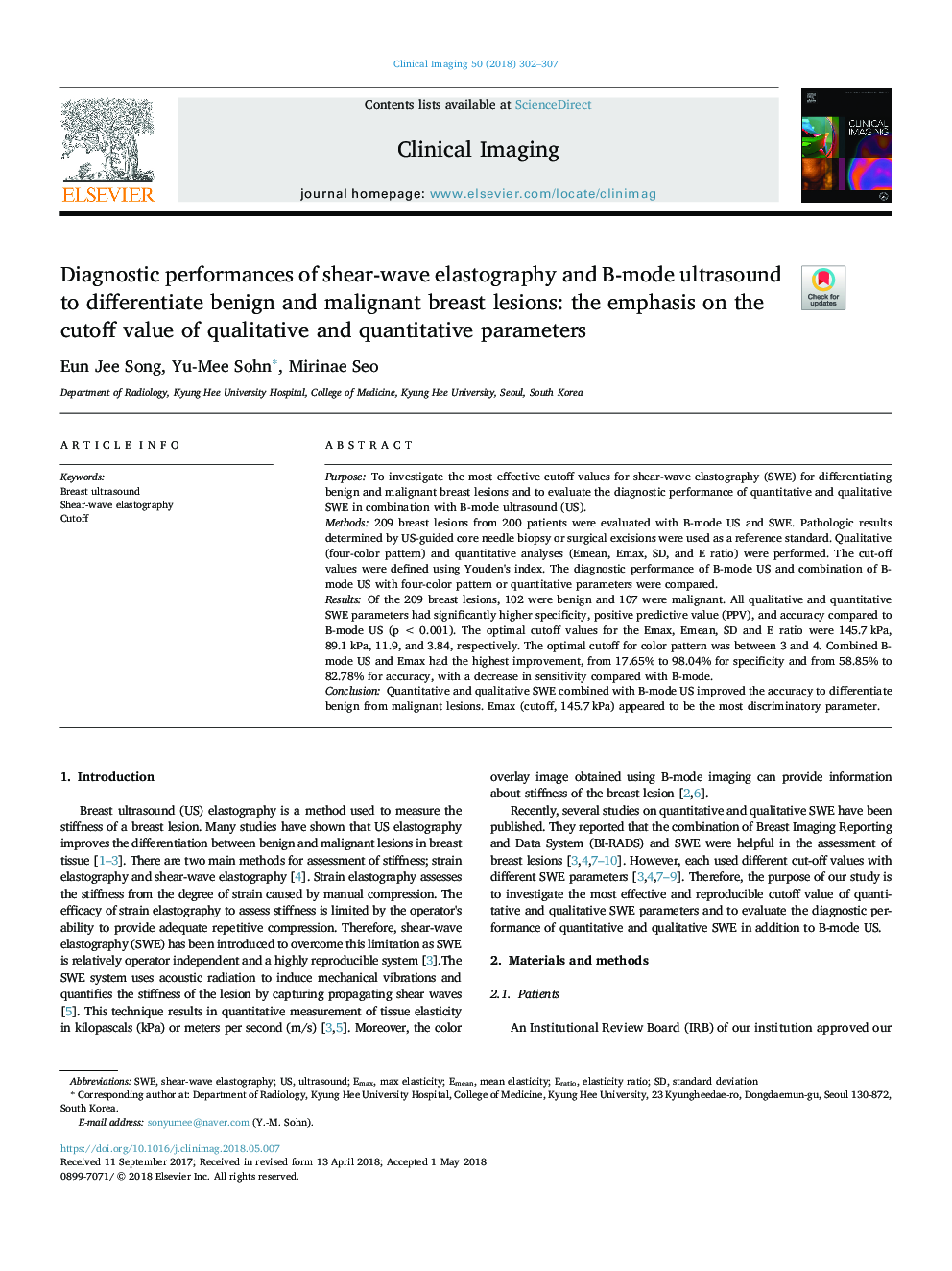 Diagnostic performances of shear-wave elastography and B-mode ultrasound to differentiate benign and malignant breast lesions: the emphasis on the cutoff value of qualitative and quantitative parameters