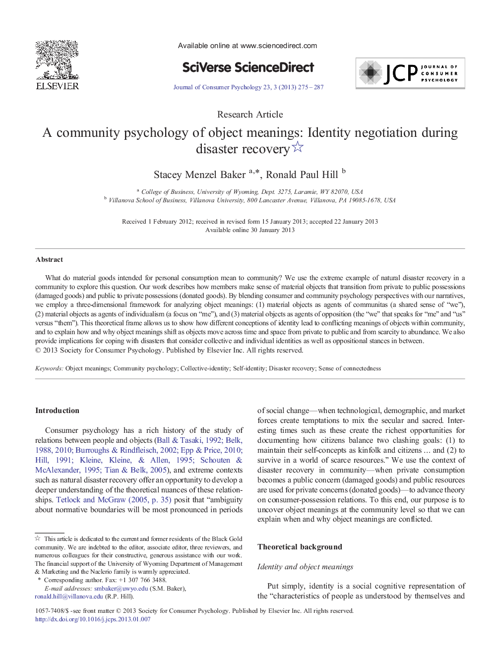 عکس صفحه اول مقاله: A community psychology of object meanings: Identity negotiation during disaster recovery A community psychology of object meanings: Identity negotiation during disaster recovery