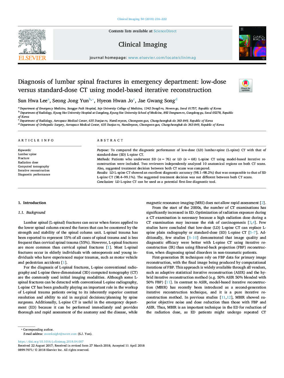 Diagnosis of lumbar spinal fractures in emergency department: low-dose versus standard-dose CT using model-based iterative reconstruction