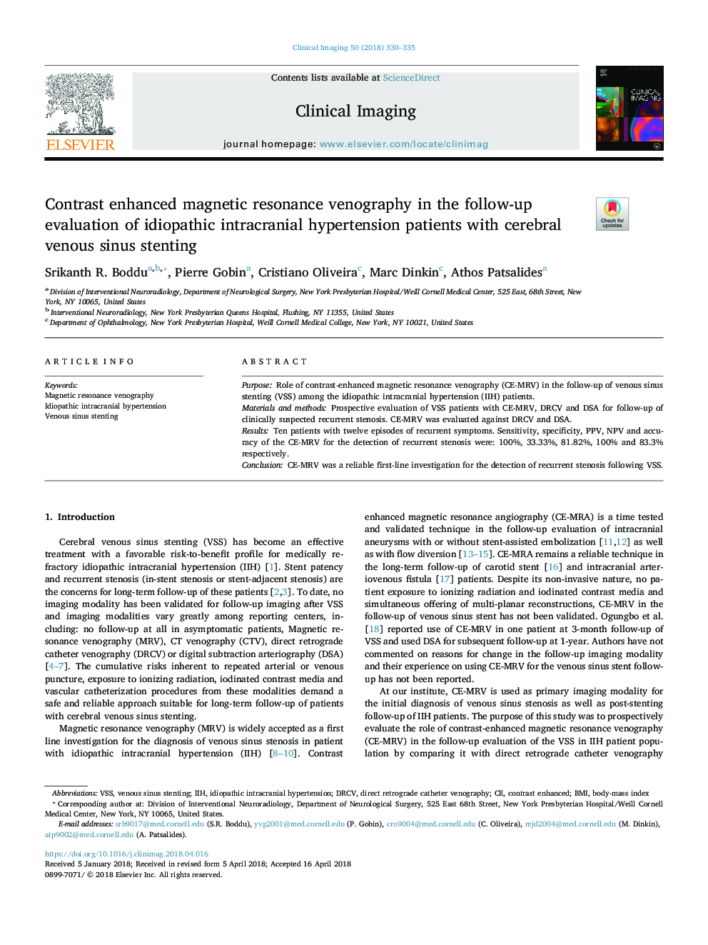 Contrast enhanced magnetic resonance venography in the follow-up evaluation of idiopathic intracranial hypertension patients with cerebral venous sinus stenting