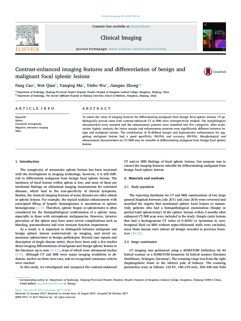 Contrast-enhanced imaging features and differentiation of benign and malignant focal splenic lesions