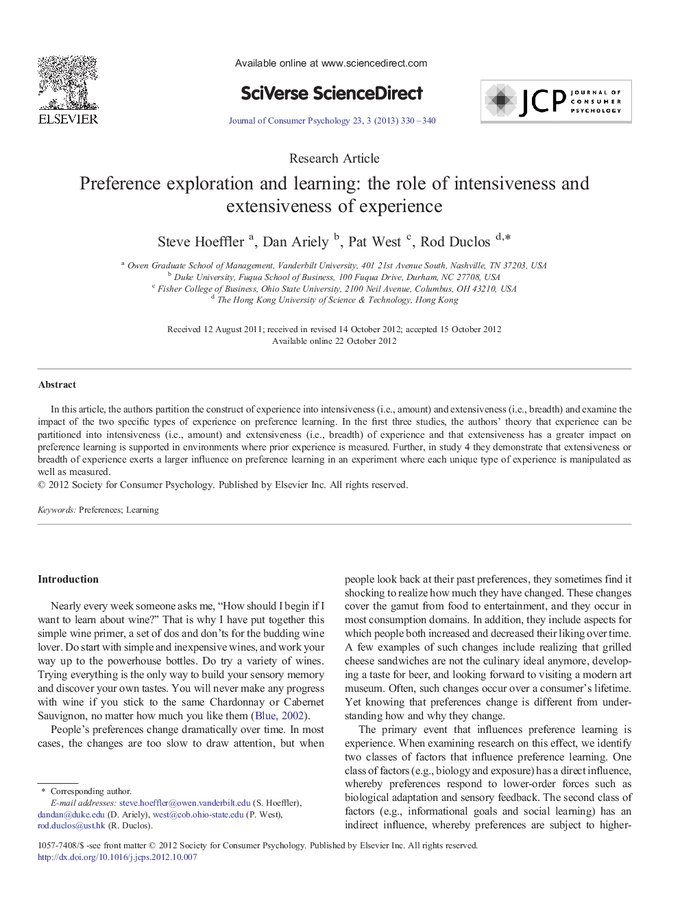 عکس صفحه اول مقاله: Preference exploration and learning: the role of intensiveness and extensiveness of experience Preference exploration and learning: the role of intensiveness and extensiveness of experience