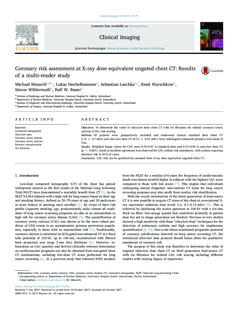 Coronary risk assessment at X-ray dose equivalent ungated chest CT: Results of a multi-reader study