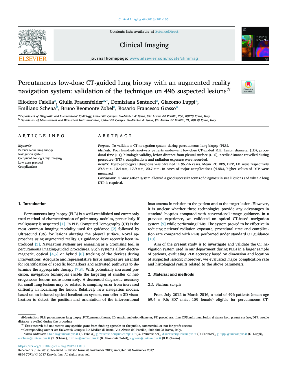 Percutaneous low-dose CT-guided lung biopsy with an augmented reality navigation system: validation of the technique on 496 suspected lesions