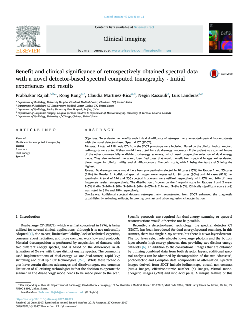 Benefit and clinical significance of retrospectively obtained spectral data with a novel detector-based spectral computed tomography - Initial experiences and results