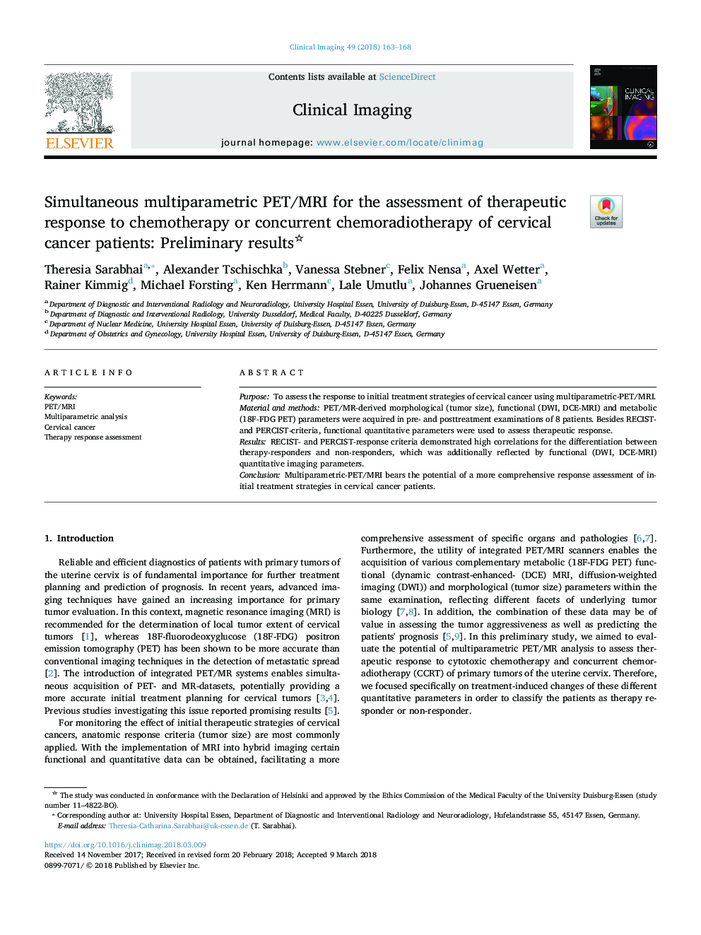 Simultaneous multiparametric PET/MRI for the assessment of therapeutic response to chemotherapy or concurrent chemoradiotherapy of cervical cancer patients: Preliminary results