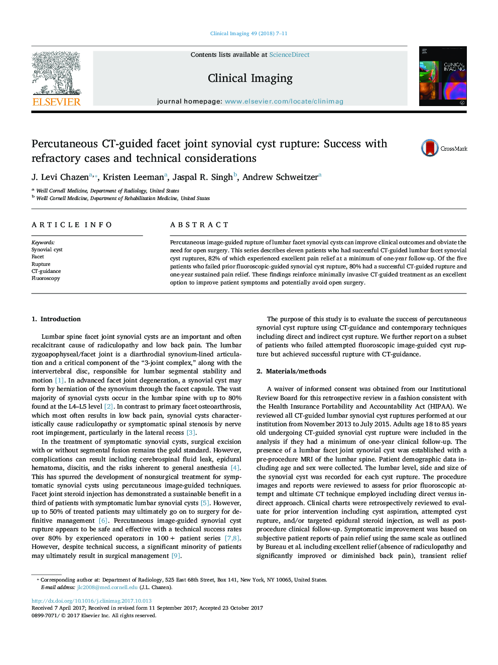 Percutaneous CT-guided facet joint synovial cyst rupture: Success with refractory cases and technical considerations