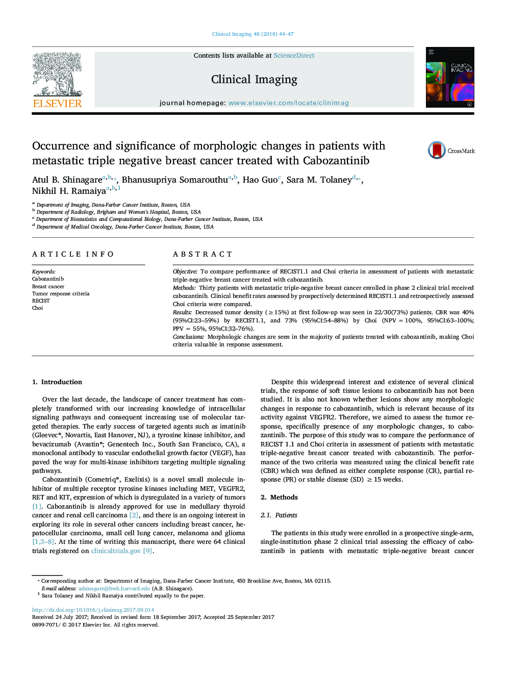 Occurrence and significance of morphologic changes in patients with metastatic triple negative breast cancer treated with Cabozantinib