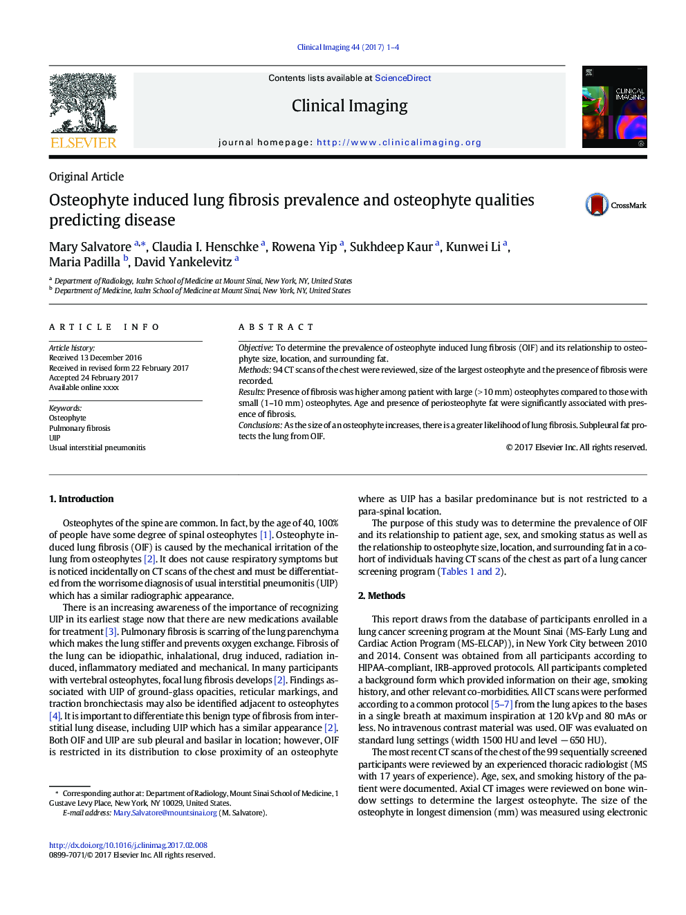 Osteophyte induced lung fibrosis prevalence and osteophyte qualities predicting disease