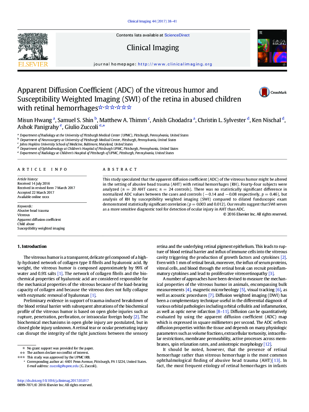 Apparent Diffusion Coefficient (ADC) of the vitreous humor and Susceptibility Weighted Imaging (SWI) of the retina in abused children with retinal hemorrhages