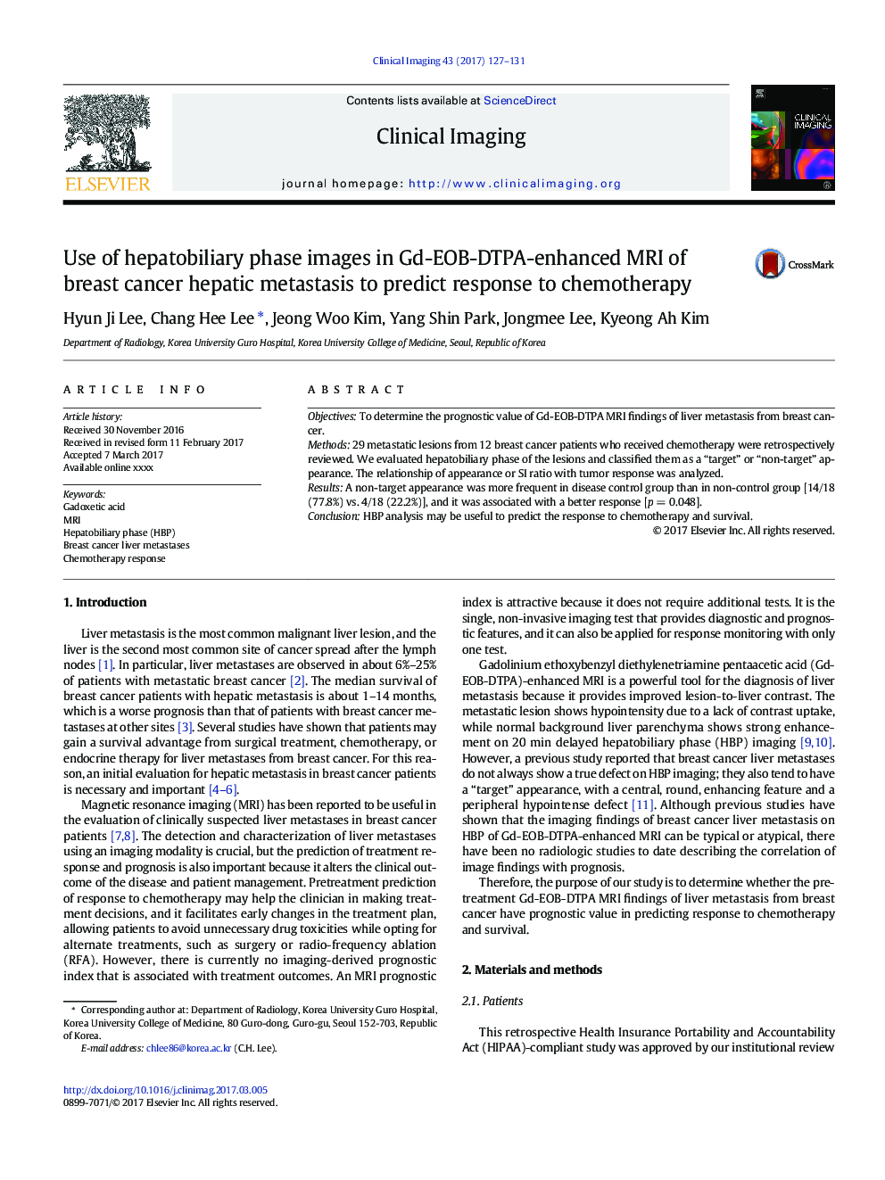 Use of hepatobiliary phase images in Gd-EOB-DTPA-enhanced MRI of breast cancer hepatic metastasis to predict response to chemotherapy