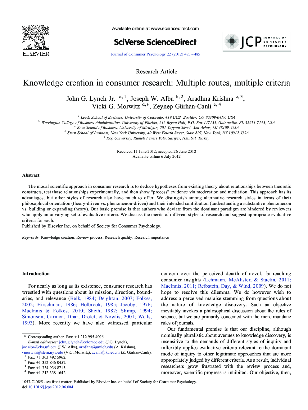 Knowledge creation in consumer research: Multiple routes, multiple criteria