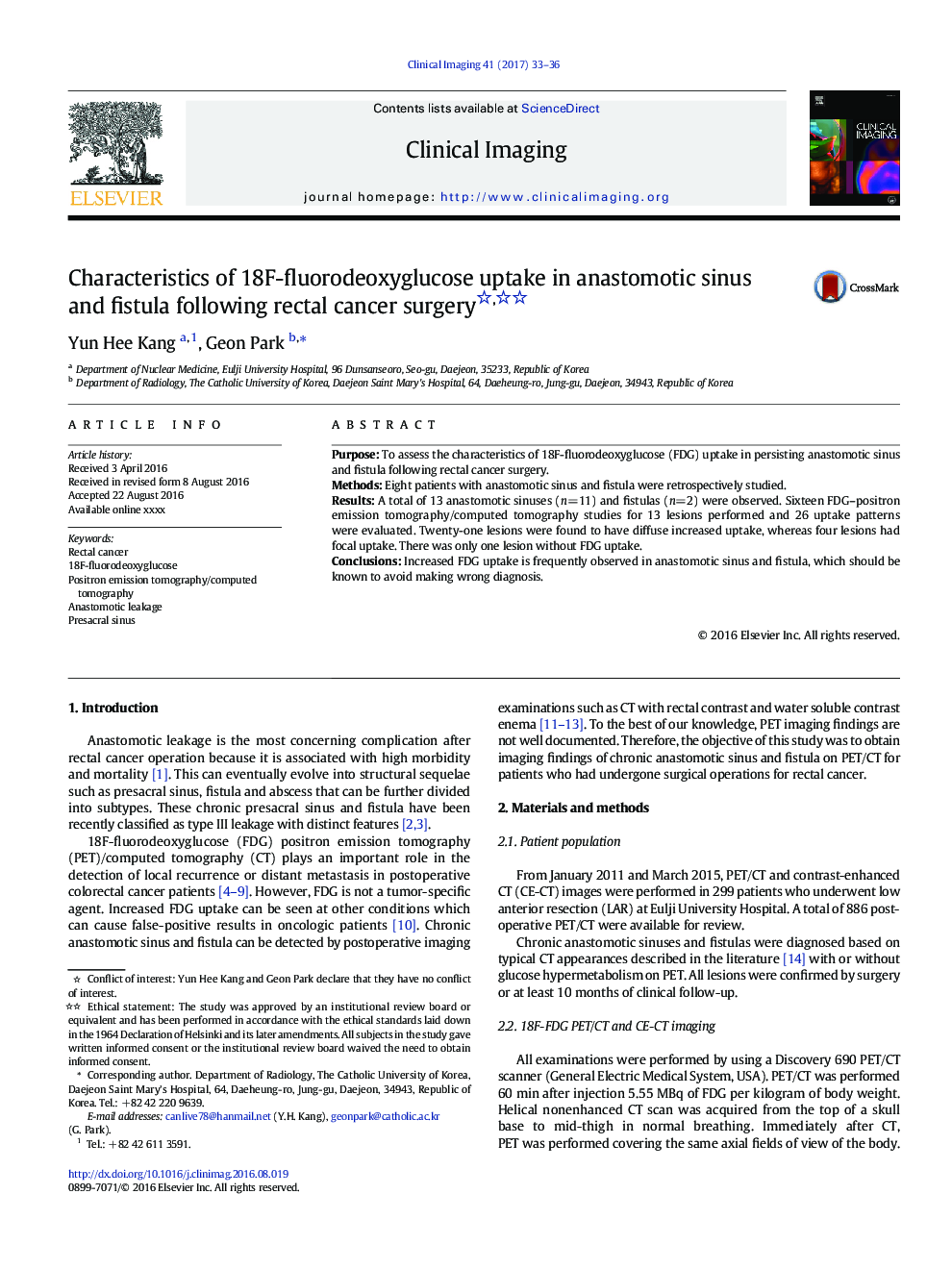 Characteristics of 18F-fluorodeoxyglucose uptake in anastomotic sinus and fistula following rectal cancer surgery