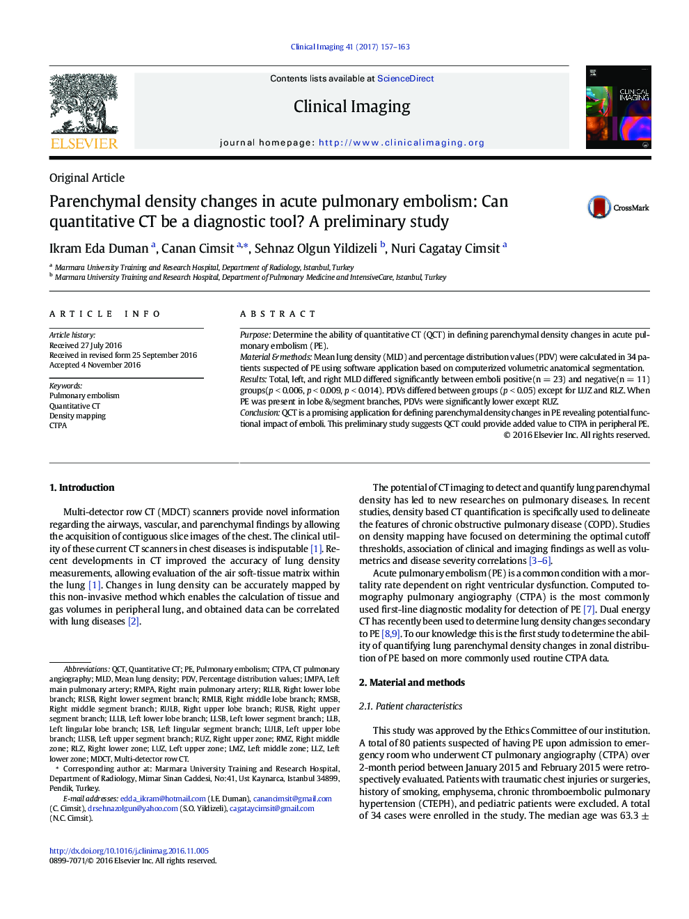 Parenchymal density changes in acute pulmonary embolism: Can quantitative CT be a diagnostic tool? A preliminary study