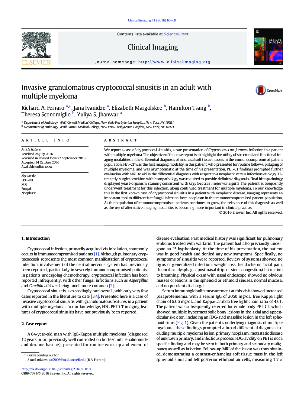 Invasive granulomatous cryptococcal sinusitis in an adult with multiple myeloma