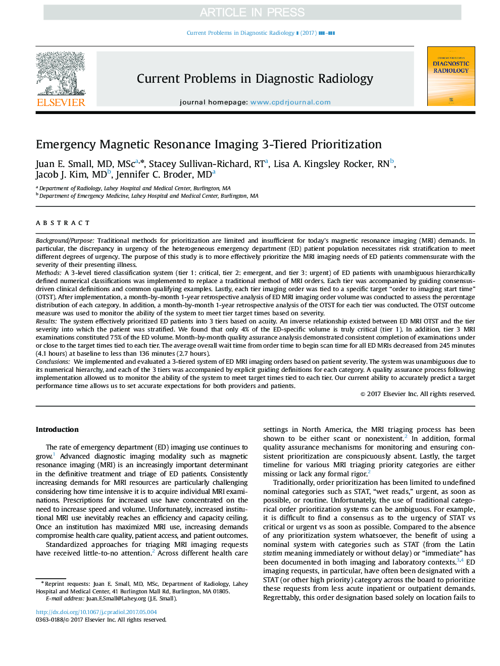 Emergency Magnetic Resonance Imaging 3-Tiered Prioritization