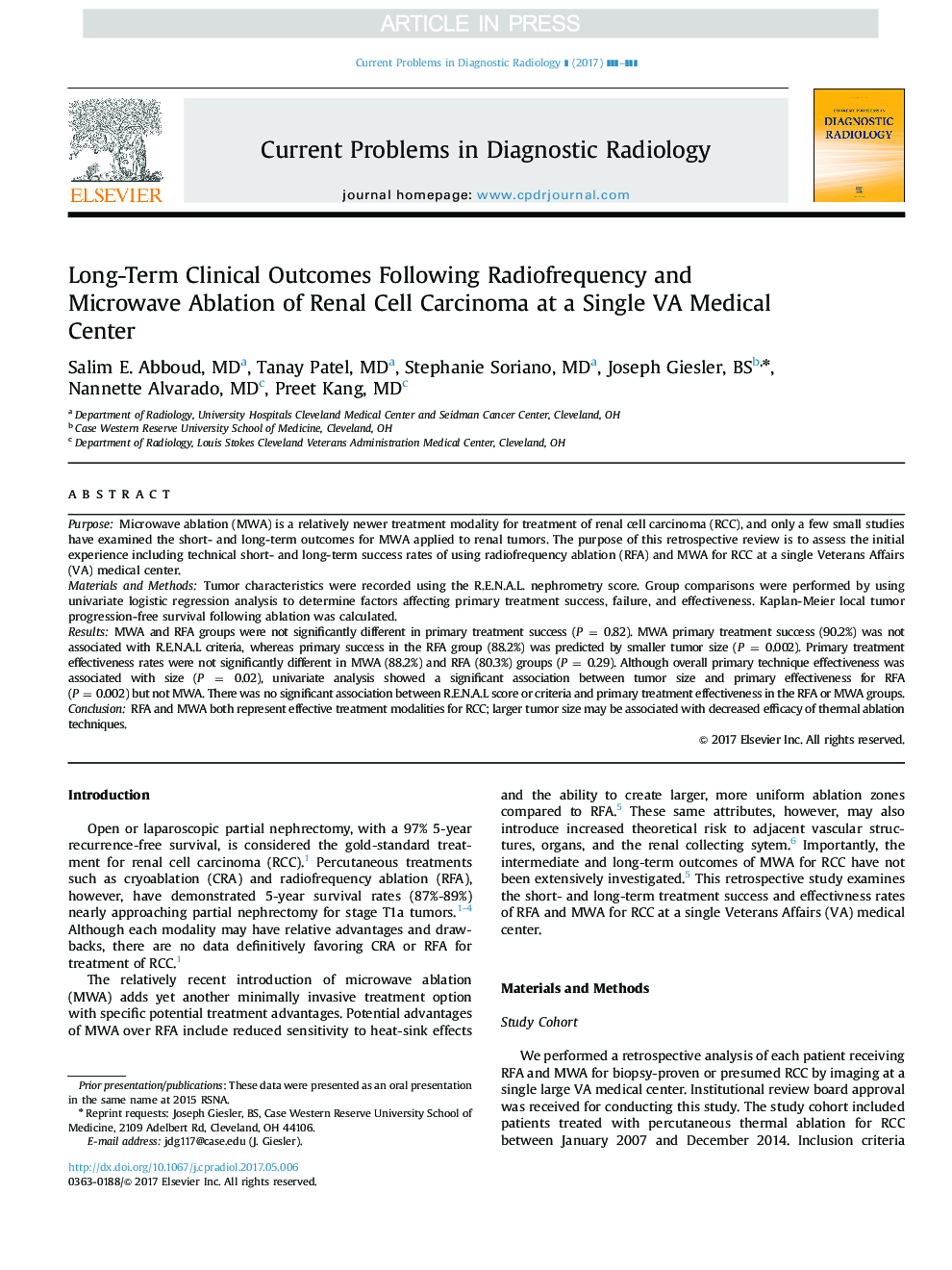 Long-Term Clinical Outcomes Following Radiofrequency and Microwave Ablation of Renal Cell Carcinoma at a Single VA Medical Center