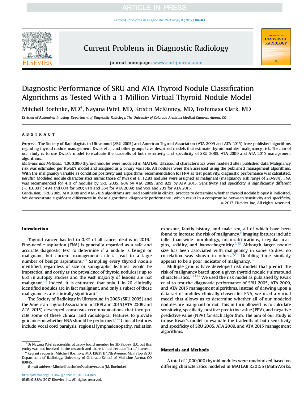 Diagnostic Performance of SRU and ATA Thyroid Nodule Classification Algorithms as Tested With a 1 Million Virtual Thyroid Nodule Model