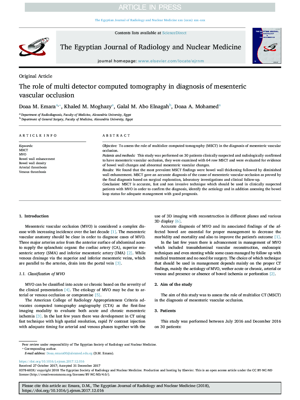 The role of multi detector computed tomography in diagnosis of mesenteric vascular occlusion