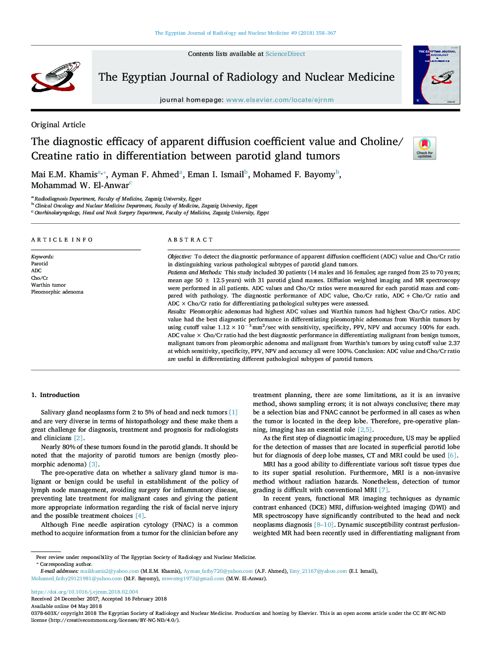 The diagnostic efficacy of apparent diffusion coefficient value and Choline/Creatine ratio in differentiation between parotid gland tumors