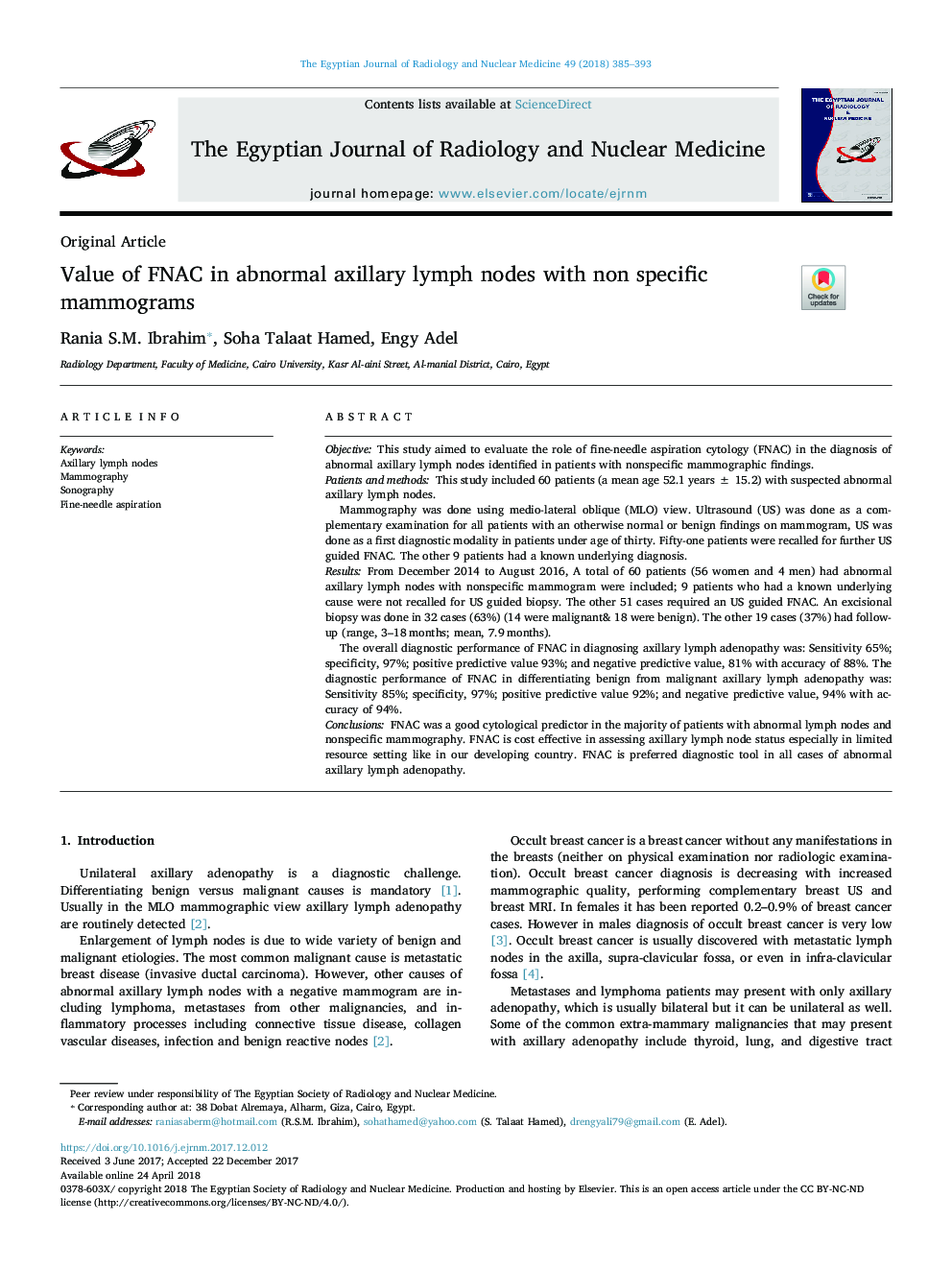 Value of FNAC in abnormal axillary lymph nodes with non specific mammograms