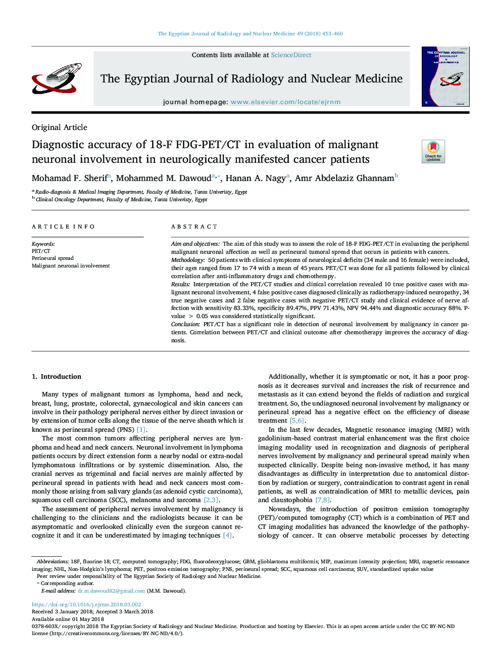 Diagnostic accuracy of 18-F FDG-PET/CT in evaluation of malignant neuronal involvement in neurologically manifested cancer patients