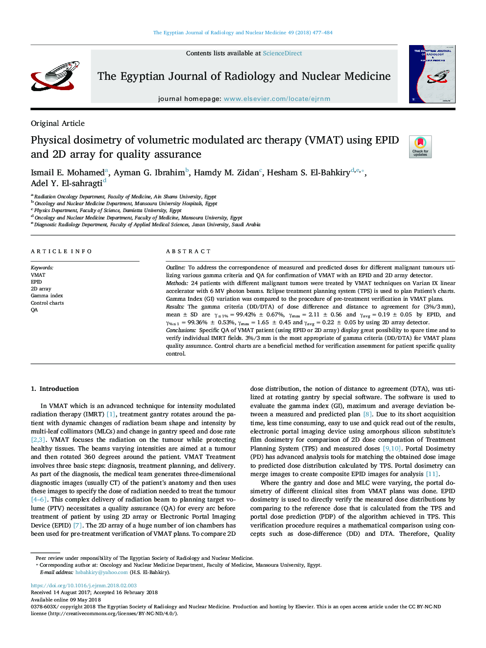 Physical dosimetry of volumetric modulated arc therapy (VMAT) using EPID and 2D array for quality assurance