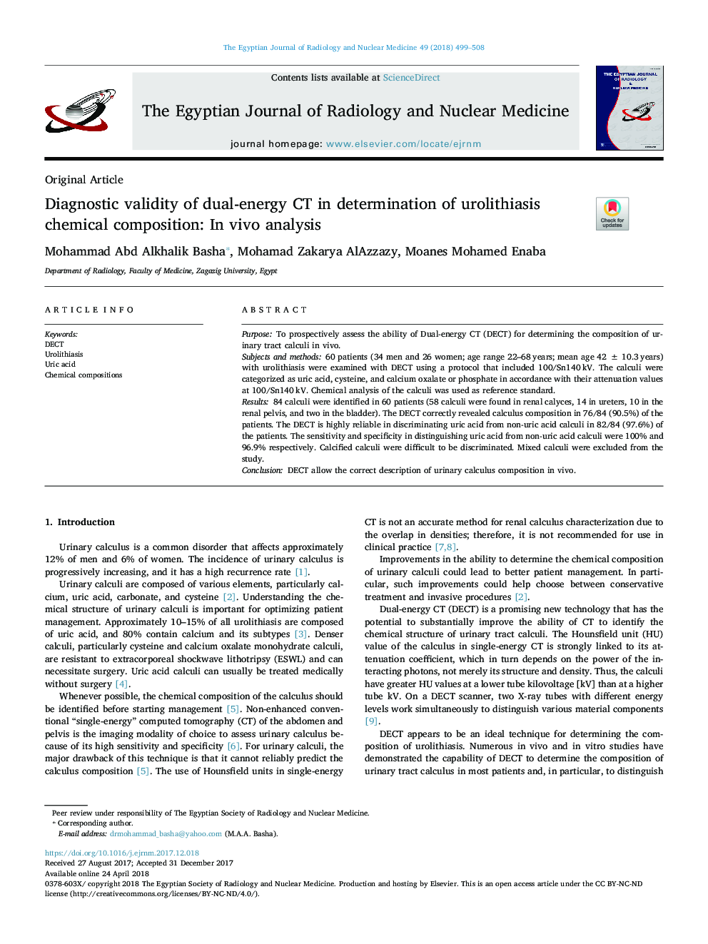 Diagnostic validity of dual-energy CT in determination of urolithiasis chemical composition: In vivo analysis