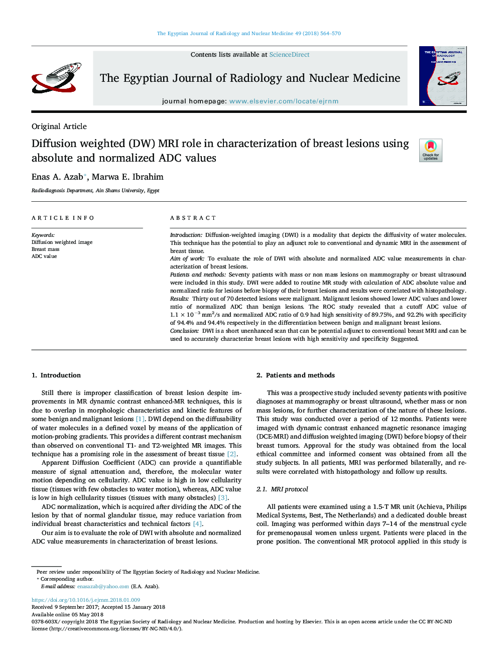 Diffusion weighted (DW) MRI role in characterization of breast lesions using absolute and normalized ADC values