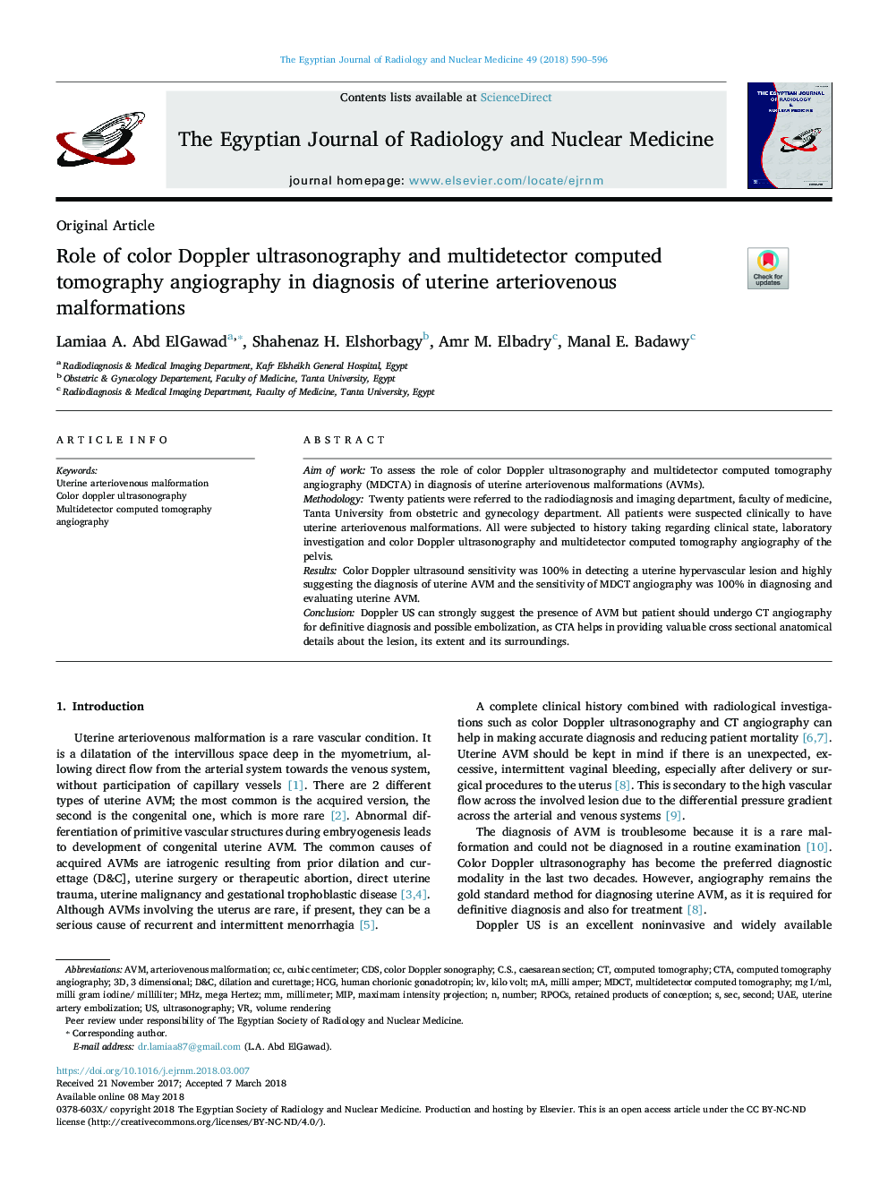 عکس صفحه اول مقاله: Role of color Doppler ultrasonography and multidetector computed tomography angiography in diagnosis of uterine arteriovenous malformations Role of color Doppler ultrasonography and multidetector computed tomography angiography in diagnosis of uterine arteriovenous malformations