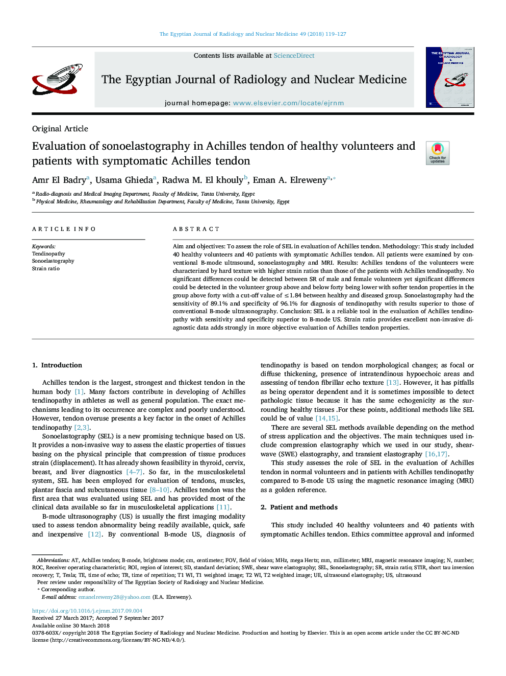 Evaluation of sonoelastography in Achilles tendon of healthy volunteers and patients with symptomatic Achilles tendon