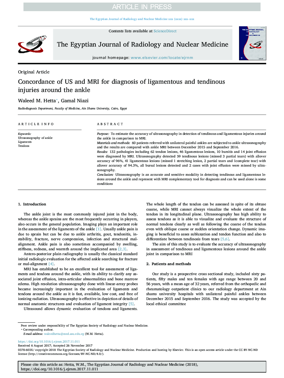 Concordance of US and MRI for diagnosis of ligamentous and tendinous injuries around the ankle