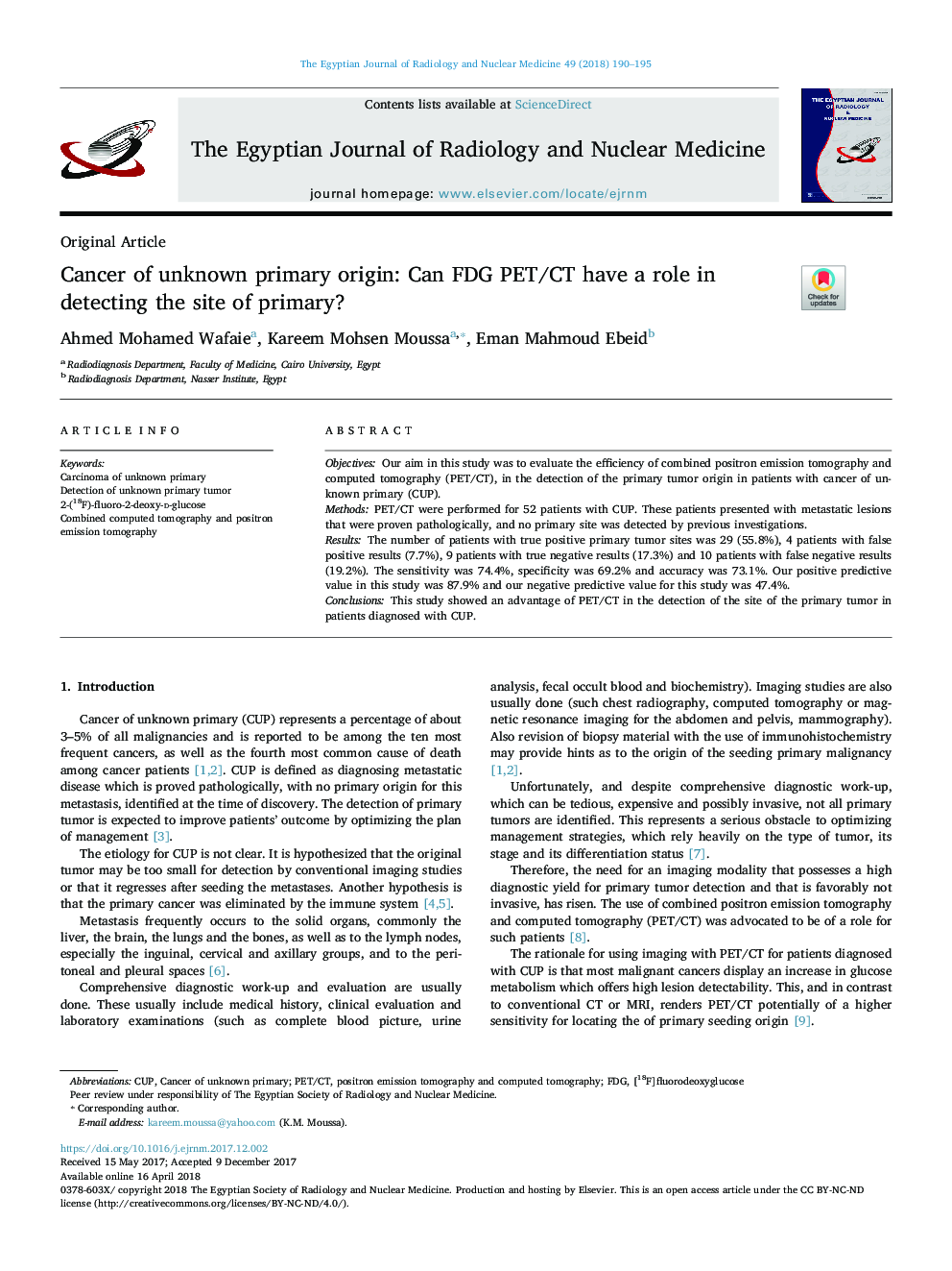 Cancer of unknown primary origin: Can FDG PET/CT have a role in detecting the site of primary?