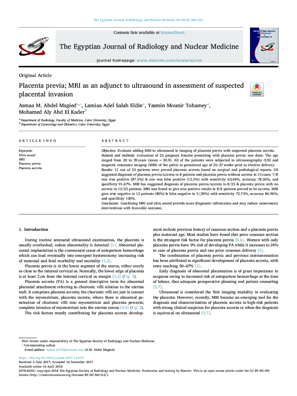 Placenta previa; MRI as an adjunct to ultrasound in assessment of suspected placental invasion