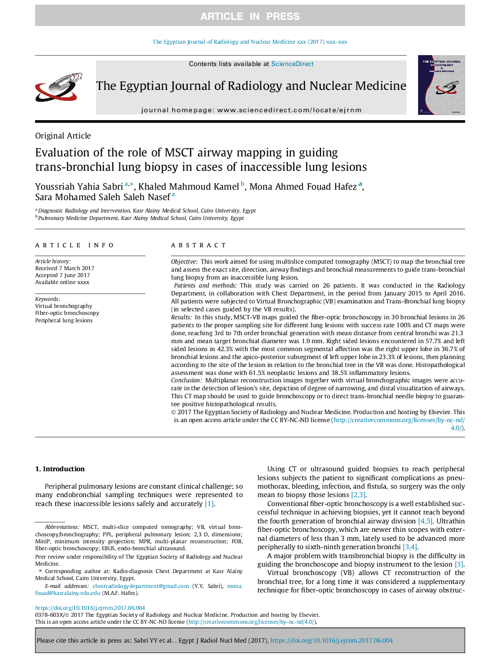 Evaluation of the role of MSCT airway mapping in guiding trans-bronchial lung biopsy in cases of inaccessible lung lesions