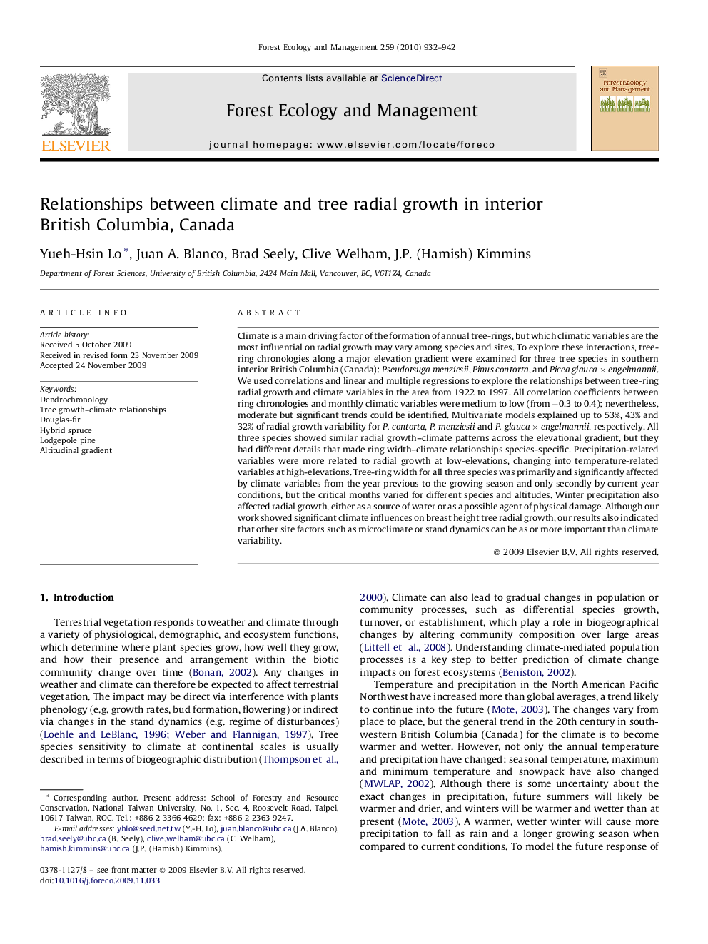 Relationships between climate and tree radial growth in interior British Columbia, Canada