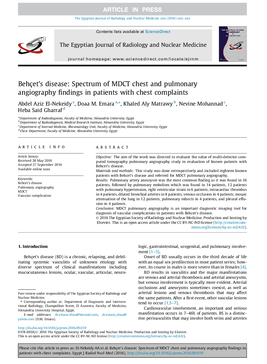 Behçet's disease: Spectrum of MDCT chest and pulmonary angiography findings in patients with chest complaints