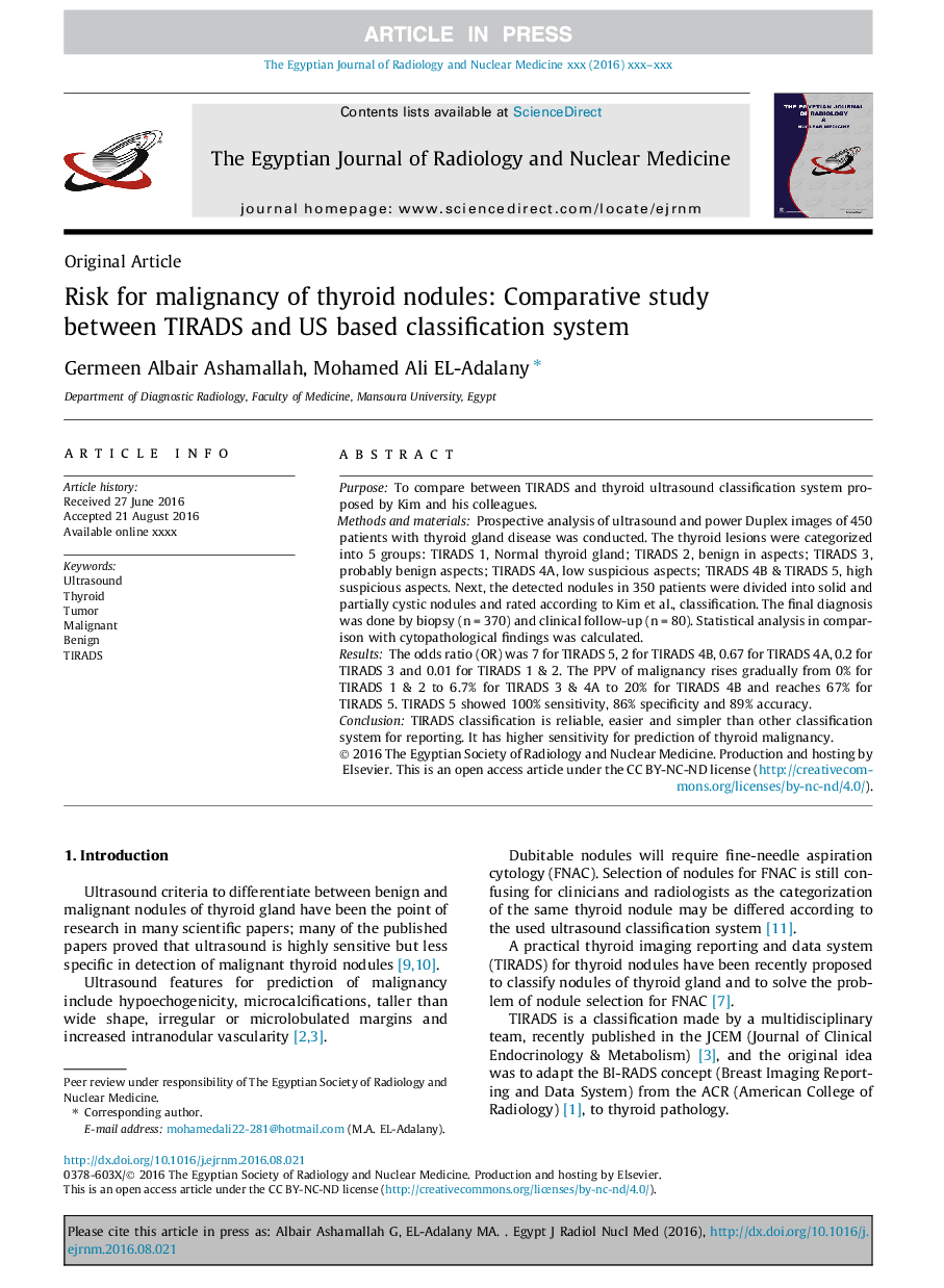 Risk for malignancy of thyroid nodules: Comparative study between TIRADS and US based classification system