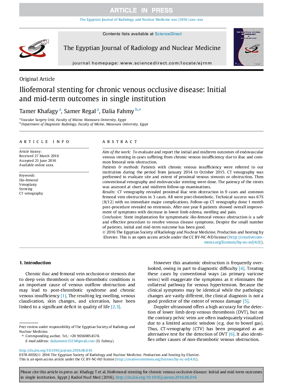 Iliofemoral stenting for chronic venous occlusive disease: Initial and mid-term outcomes in single institution