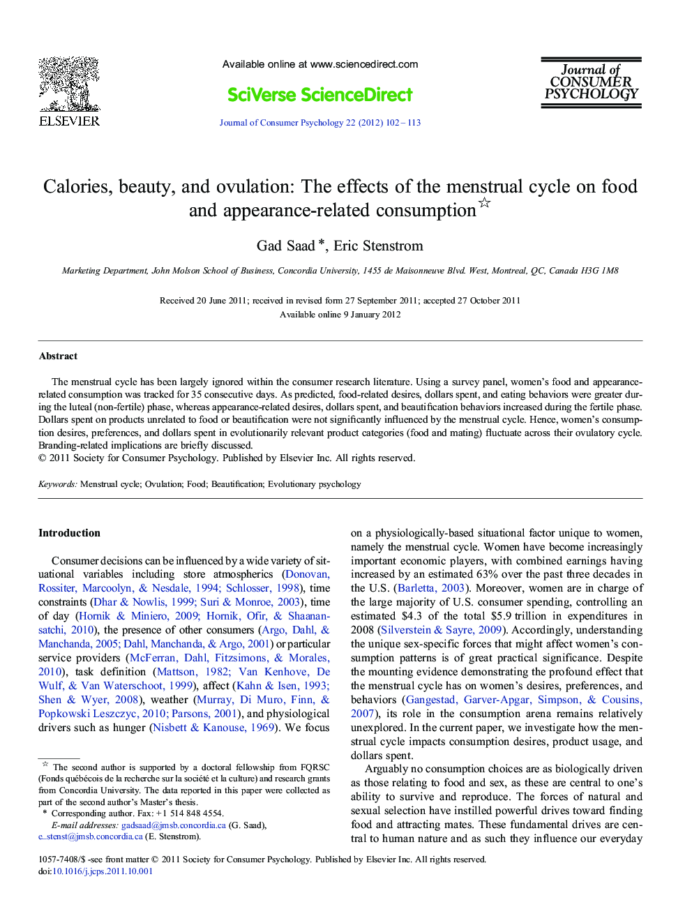 Calories, beauty, and ovulation: The effects of the menstrual cycle on food and appearance-related consumption 