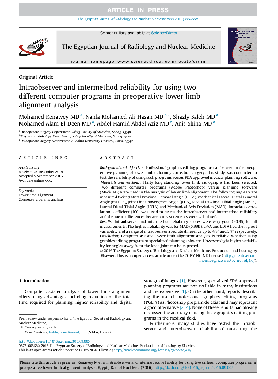 Intraobserver and intermethod reliability for using two different computer programs in preoperative lower limb alignment analysis