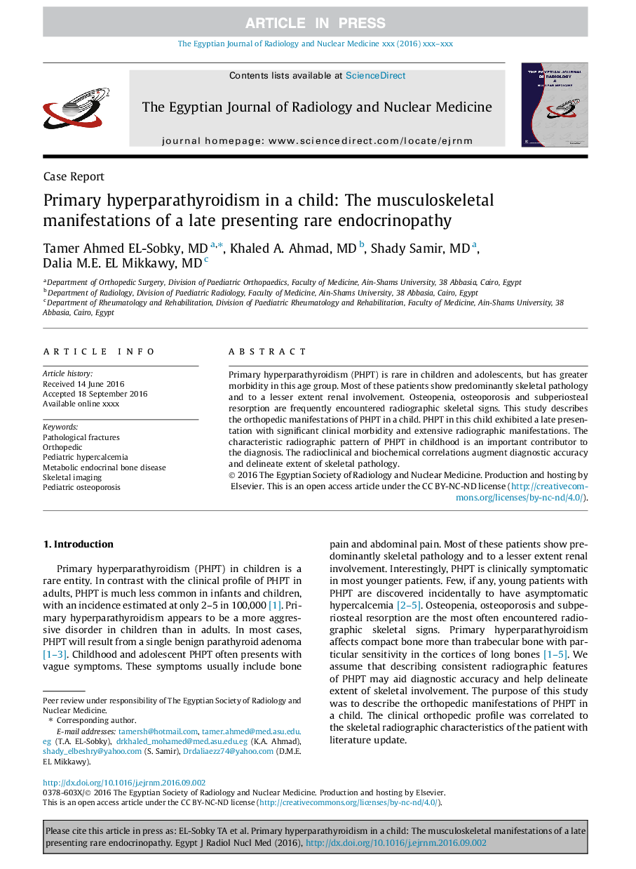 Primary hyperparathyroidism in a child: The musculoskeletal manifestations of a late presenting rare endocrinopathy