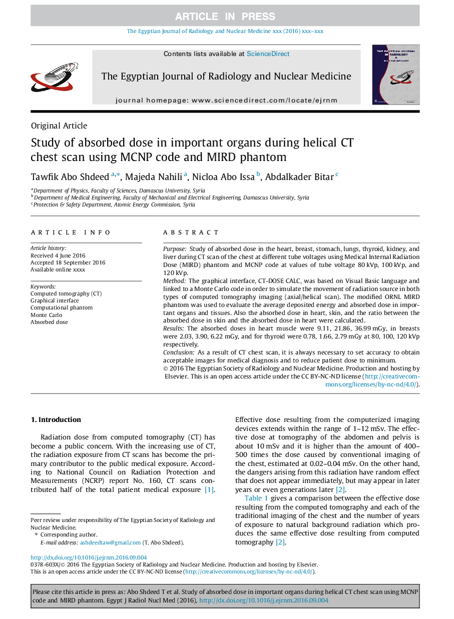 Study of absorbed dose in important organs during helical CT chest scan using MCNP code and MIRD phantom