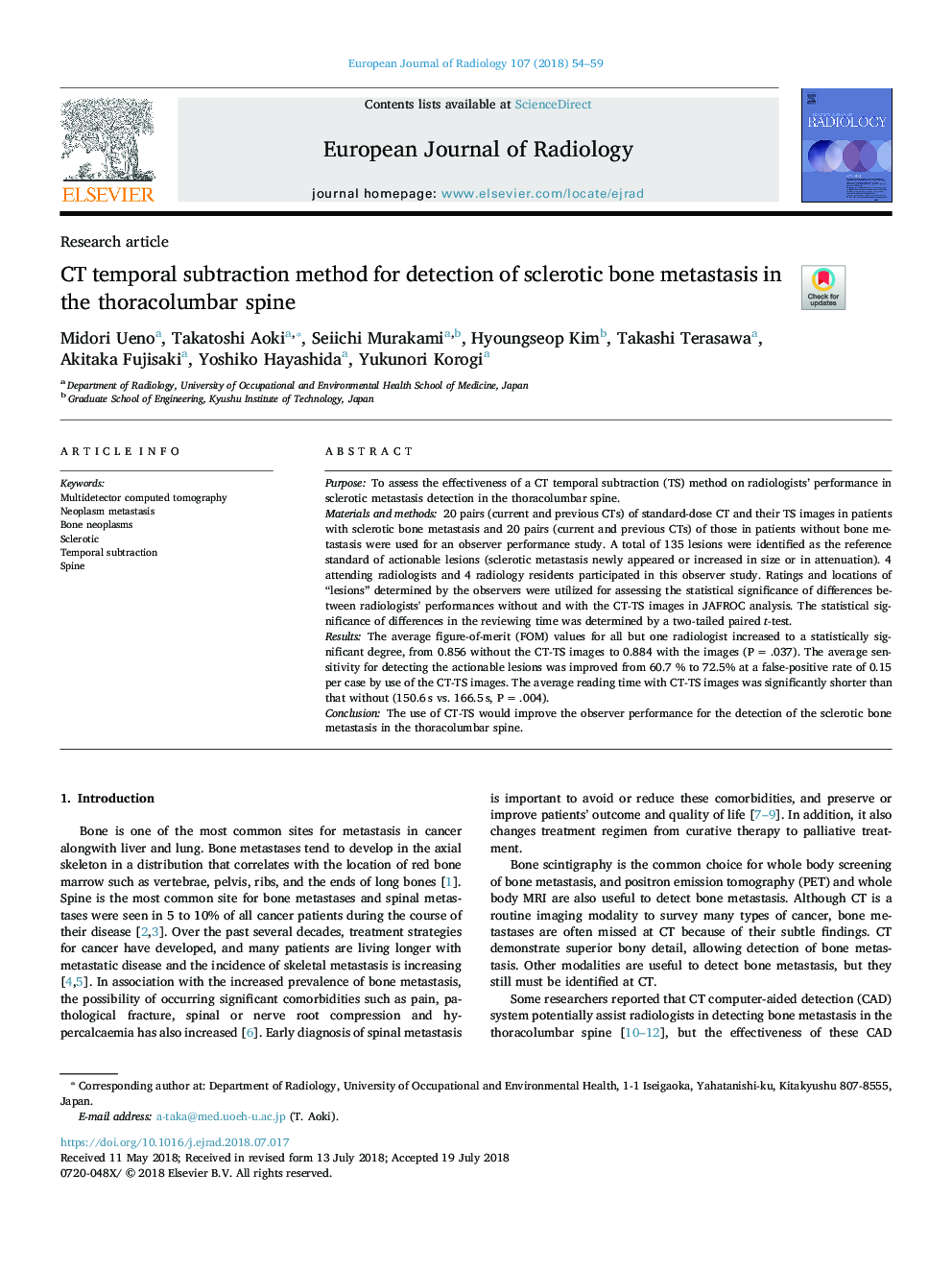 CT temporal subtraction method for detection of sclerotic bone metastasis in the thoracolumbar spine