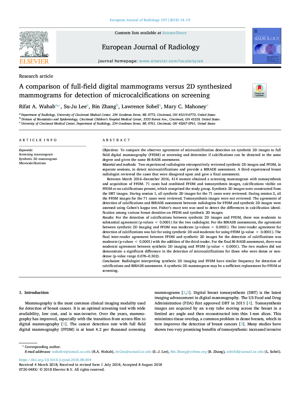 A comparison of full-field digital mammograms versus 2D synthesized mammograms for detection of microcalcifications on screening